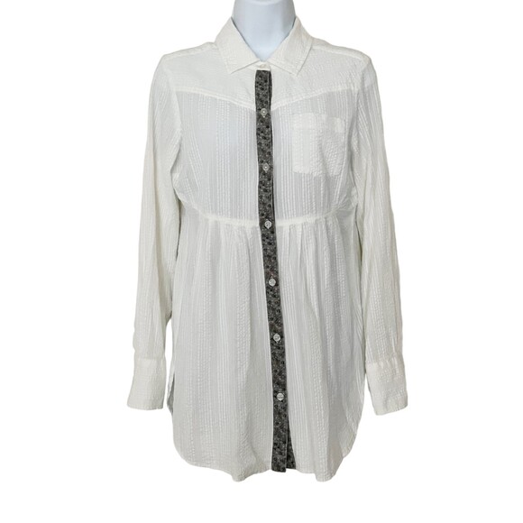 Free People White SeerSucker Blouse Sz 8 Button Tunic Top Floral Trim L/S White - Picture 1 of 13